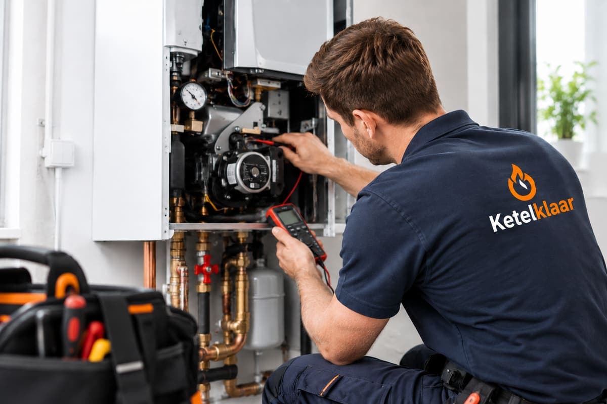 Monteur meet met een multimeter aan een geopende cv-ketel